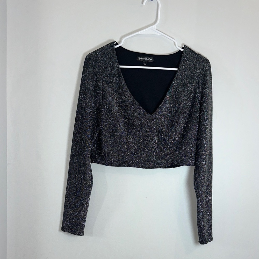 Crystal Doll Glittering Black V-Neck Blouse